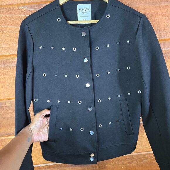 Mason by Suko Women Black Studded Bomber Jacket M Canadian Goth Punk Moto Baddie - Picture 4 of 12